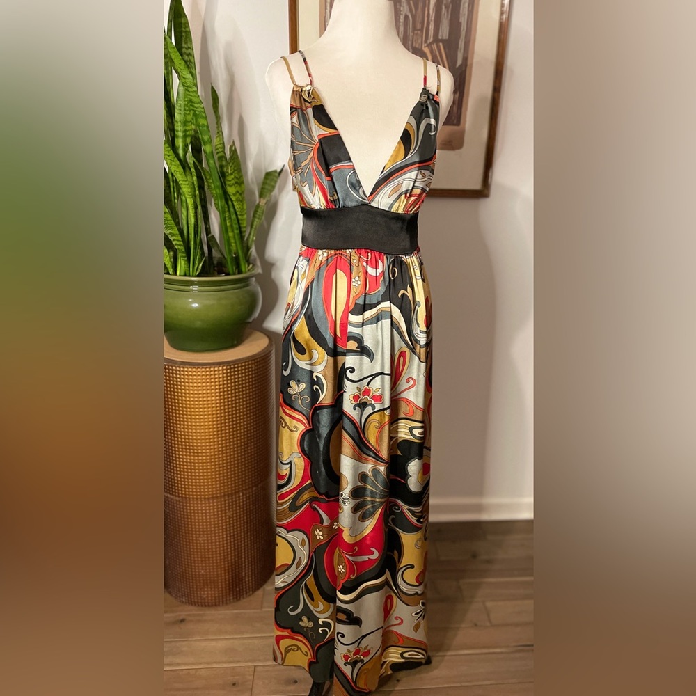 Retro Forever 21 satin red silver gold and black maxi dress